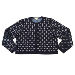 LOFT Floral Blue Jacquard Sweater Button Front Ribbed Trim Cardigan Size XL